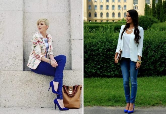 синие брюки с синими туфлями