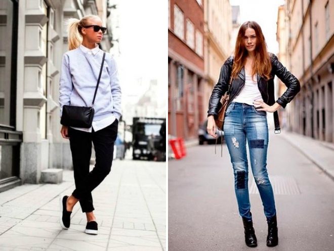 черные слипоны с джинсами