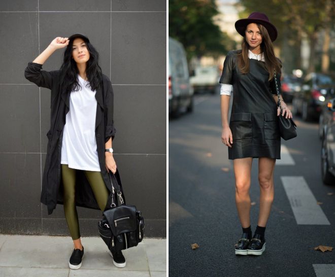 черные слипоны с платьем футболкой