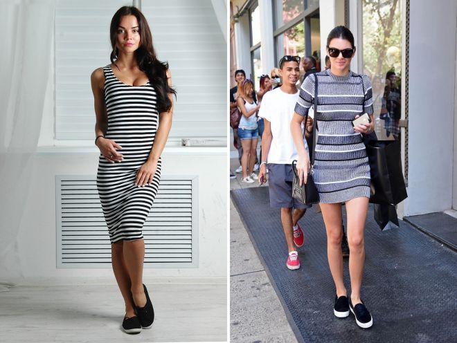 черные слипоны с полосатым платьем