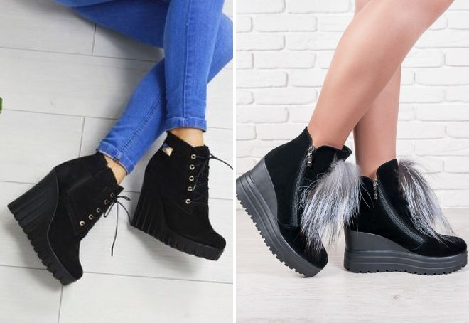 замшевые ботильоны на танкетке