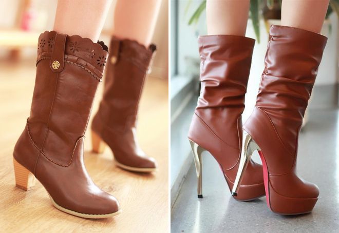 коричневые сапоги на каблуке