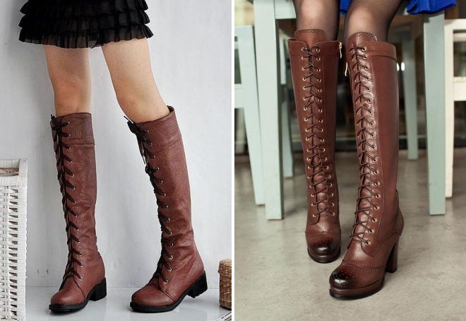 коричневые сапоги со шнуровкой