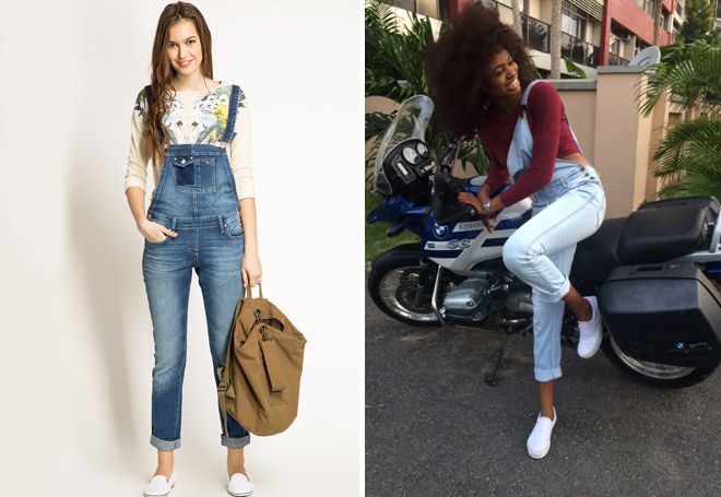 белые слипоны с джинсовым комбинезоном