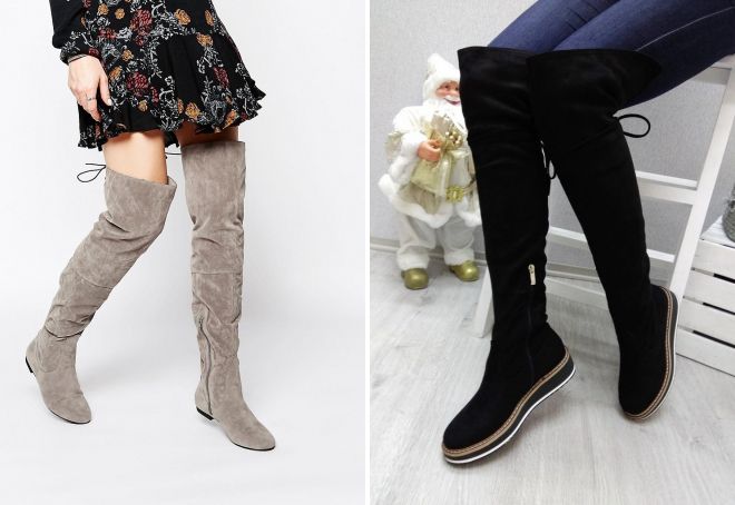 замшевые ботфорты на плоской подошве