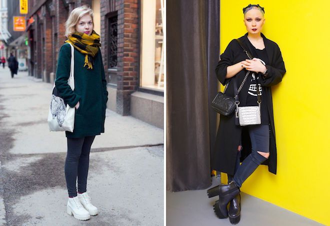 сапоги на тракторной подошве и пальто