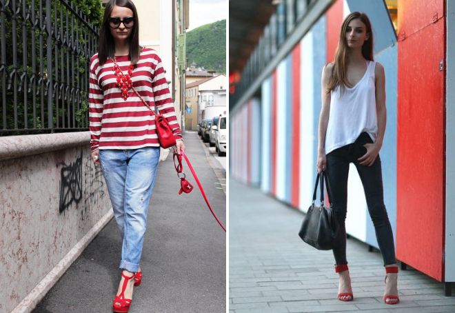 джинсы с красными босоножками