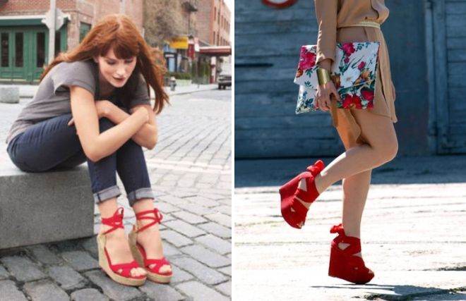 красные босоножки на танкетке