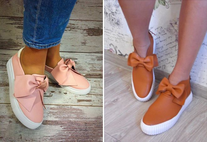 кожаные слипоны с бантом