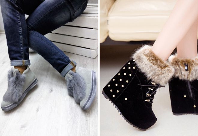 замшевые ботильоны с мехом
