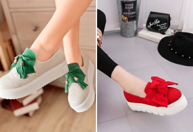 слипоны с бантиком на платформе