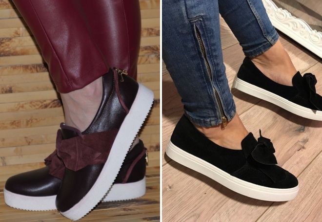 слипоны с бантом на платформе