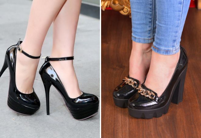 черные лаковые туфли на каблуке