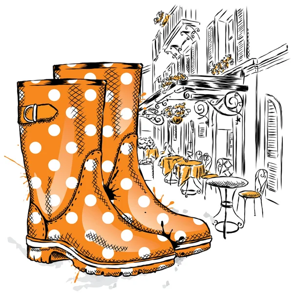 Rubber boots on a background of a city street. Vector illustration for greeting card, poster, or print on clothes. Fashion & Style. Vintage drawing. — стоковый вектор