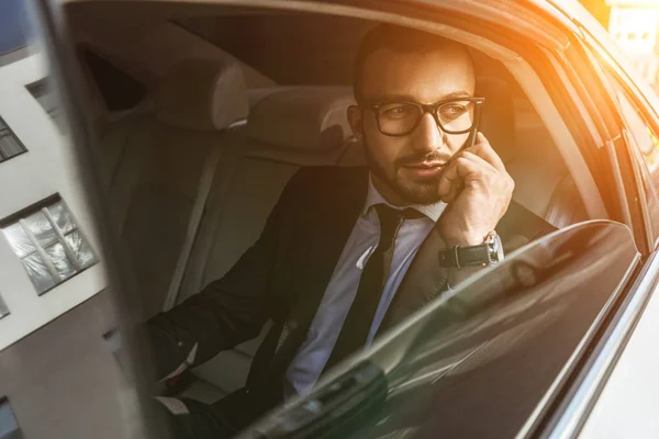 Handsome Businessman Sitting Car Talking Smartphone — стоковое фото