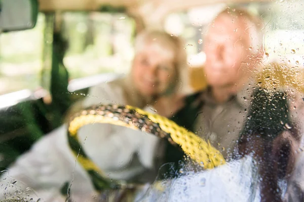 View Windshield Senior Man Woman Sitting Vintage Car — стоковое фото