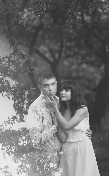 Happy Couple Hugging Summer Park Black White — стоковое фото